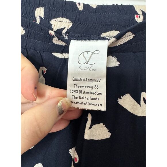 Smashed Lemon Quirky Novelty Swan Print Navy Blue Pull on Pants Size M NWT - Picture 9 of 11
